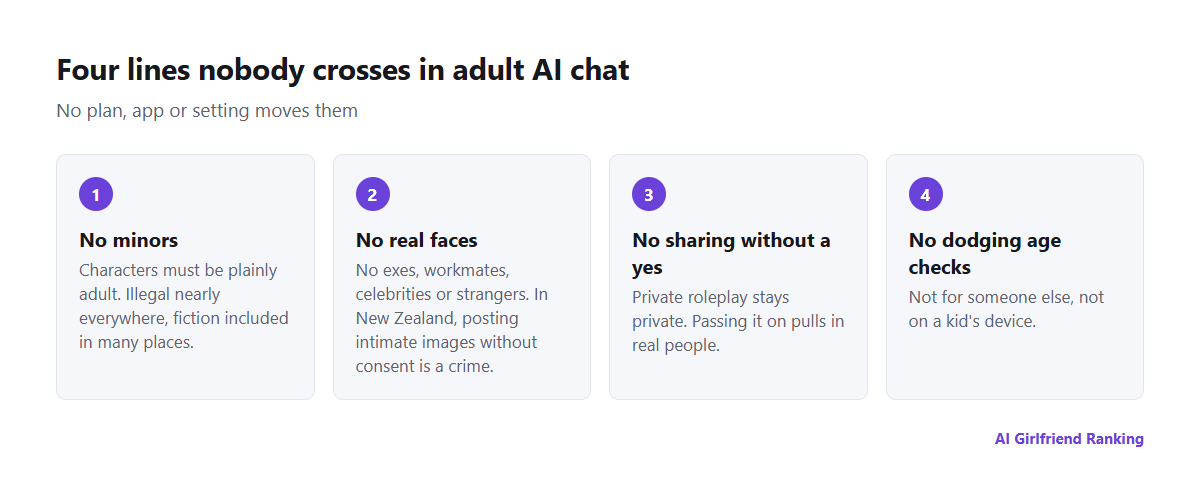 Four lines nobody should cross in adult AI chat: minors, real people's likeness, sharing without agreement, and dodging age checks