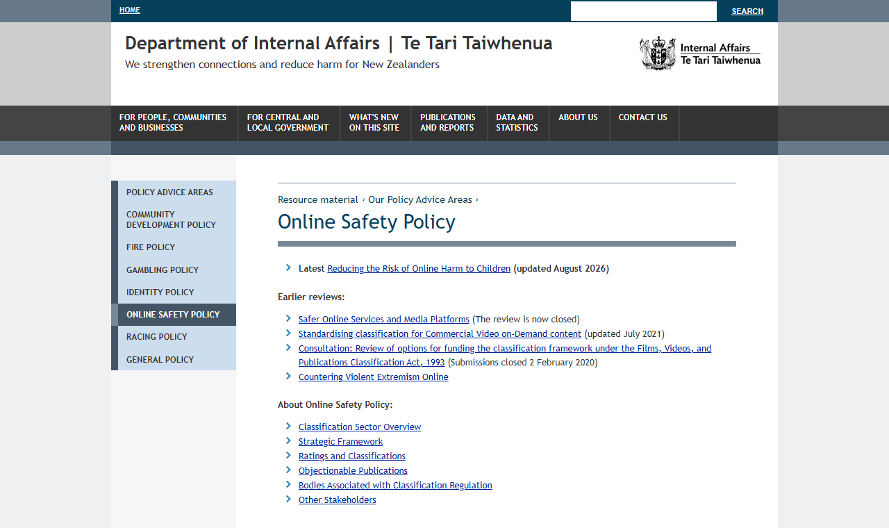 Department of Internal Affairs page on online safety policy