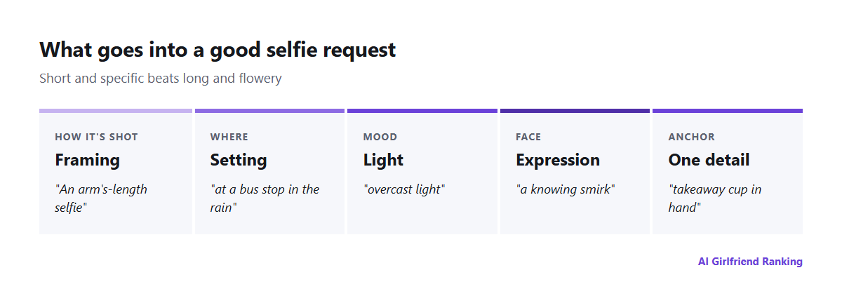 The building blocks of an AI selfie prompt: framing, setting, light, expression and one detail, each illustrated with a sample phrase