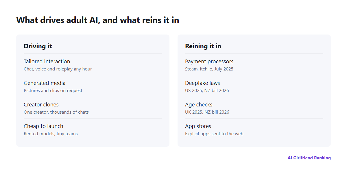 Forces shaping adult AI: personalisation, generated media and AI clones push it ahead, while payment processors, deepfake laws, age checks and app stores hold it back