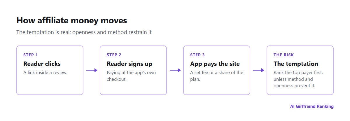 Flow chart showing affiliate money moving from a reader's subscription via the app to the review site, and the point where a review could be tilted