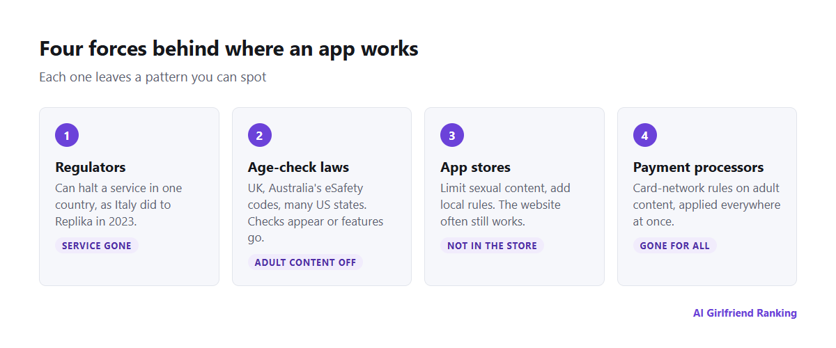 Four forces that restrict AI companion apps by country: regulators, age-verification laws, app stores and payment processors